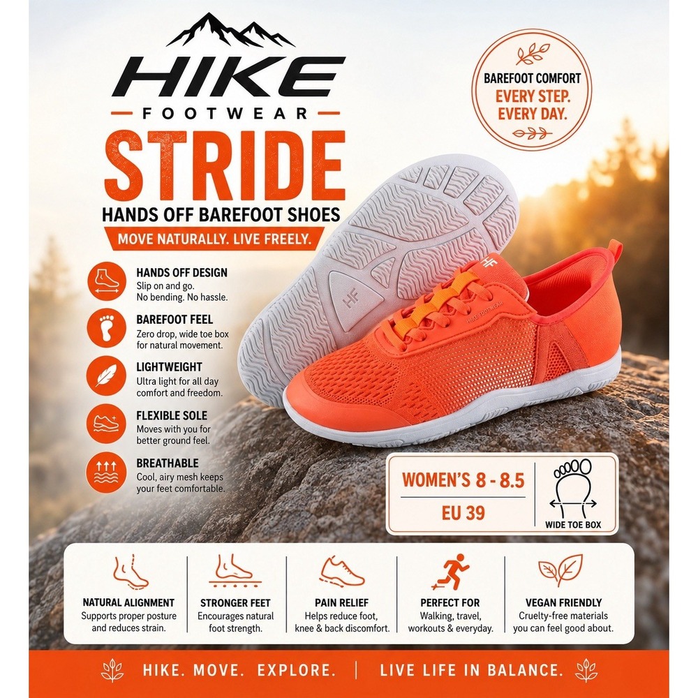 Hike Footwear Stride Hands Off Barefoot Orange Shoes Women's 8.5 EU 39